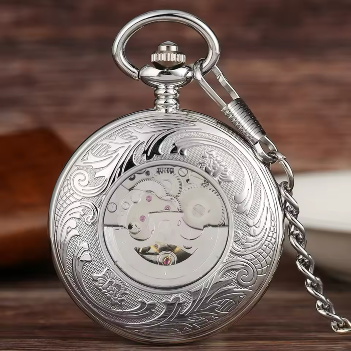 Silver Mechanical Pocket Watch Blue Dial - Roman Numerals Gift