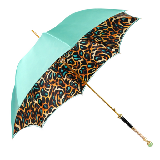 Premium Teal Leopard Print Umbrella with Green Jewelry Handle