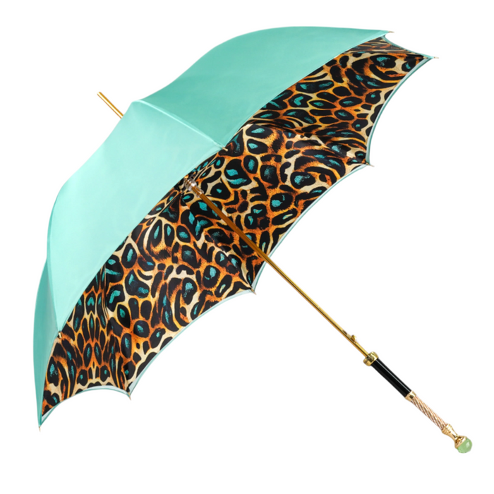 Premium Teal Leopard Print Umbrella with Green Jewelry Handle