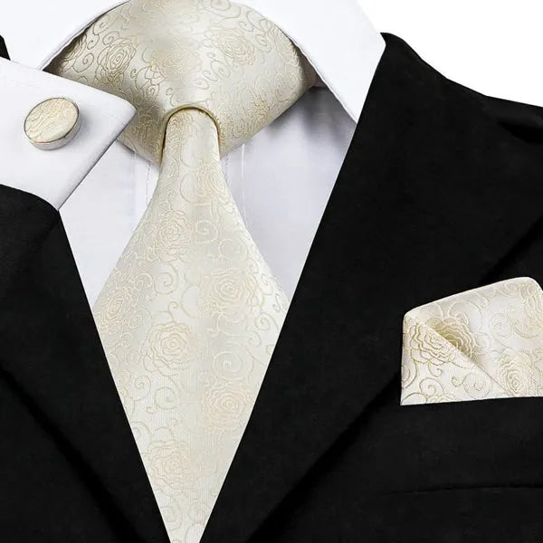 Silver Floral Silk Tie for Men - Classy Champagne Design