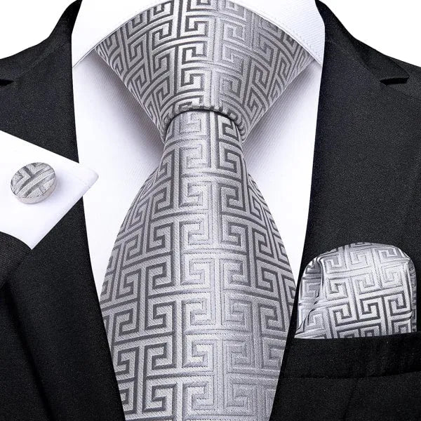 Silver Geometric Silk Tie for Men - Classy and Stylish Accessory