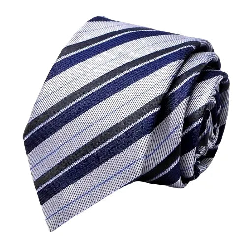 Mens Silver and Navy Blue Striped Silk Tie - Classy Accessory for Formal Occasions
