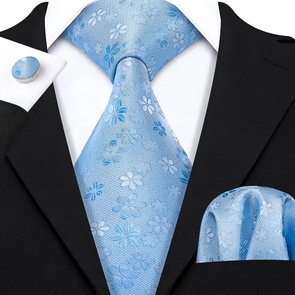Sky Blue Floral Silk Tie for Men Elegant Accessory for Any Occasion