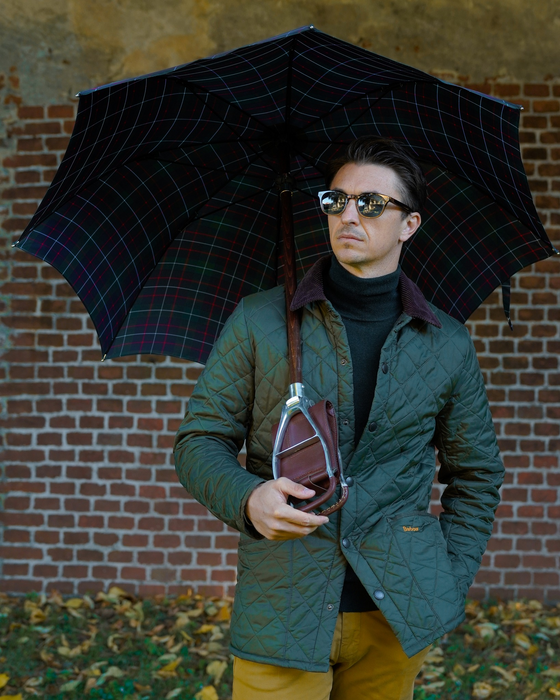 Handcrafted Leather Seat Umbrella- Black Watch Tartan