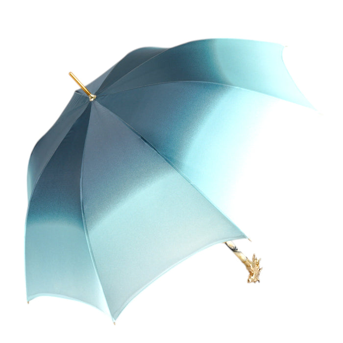 Light Blue Satin Umbrella with 24K Gold-Plated Horse Head Handle
