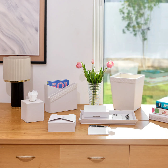 Modern White Leatherette Office Set – Tufted with Steel Inserts