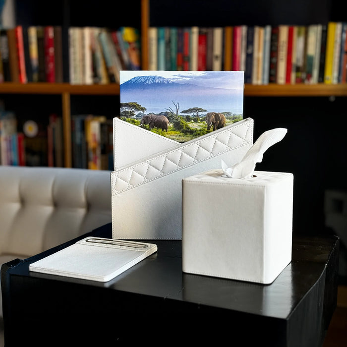 Modern White Leatherette Office Set – Tufted with Steel Inserts