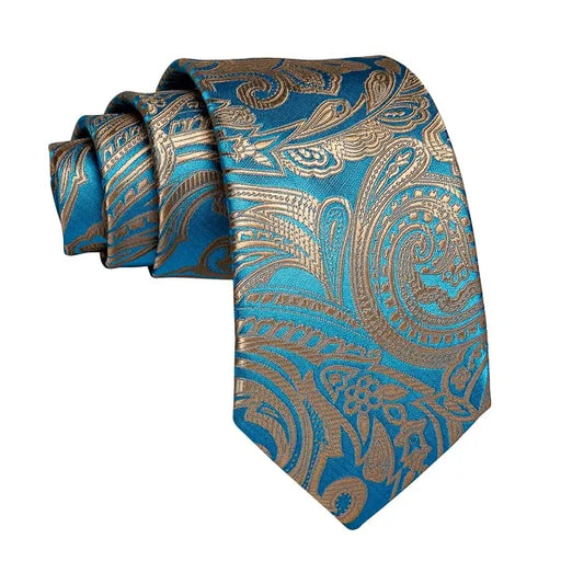 Turquoise Gold Paisley Silk Tie for Classy Men