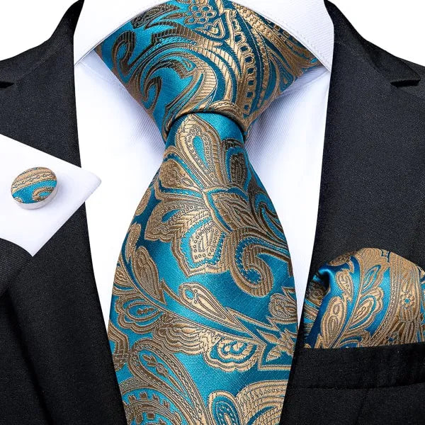 Turquoise Gold Paisley Silk Tie for Classy Men