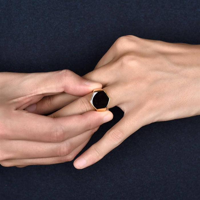 Hexagonal Agate Gold Ring Men's Accessory