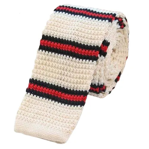 Square Knit Tie for Men Classy White with Stripes
