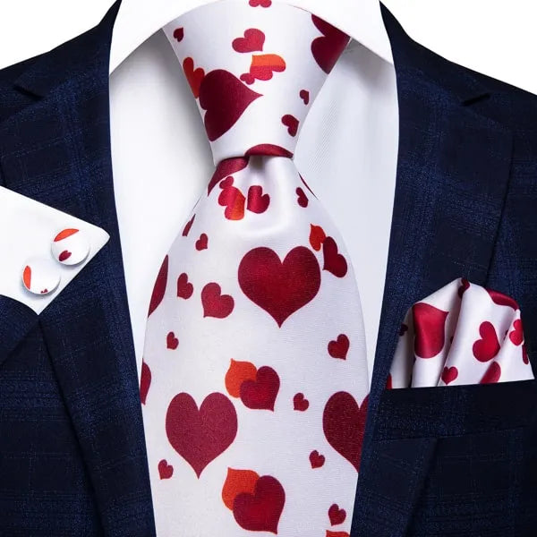 Silk Tie for Men - Elegant White and Red Love Heart Design