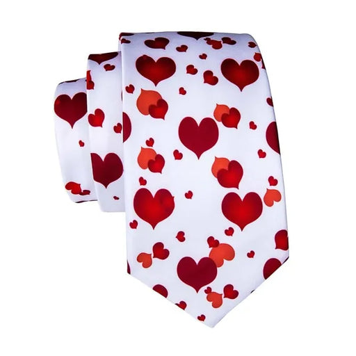 Silk Tie for Men - Elegant White and Red Love Heart Design