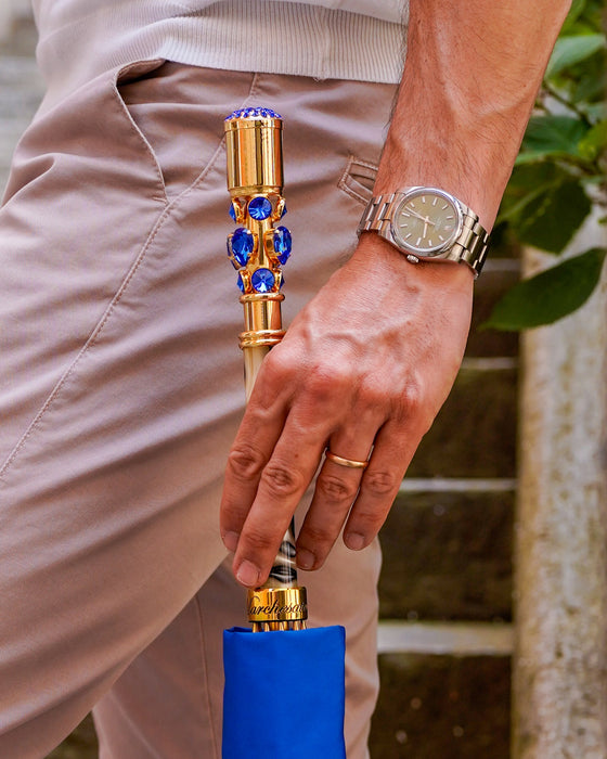 Handcrafted Electric Blue Umbrella with Crystal-Embellished Handle