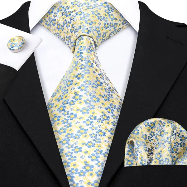 Yellow and Blue Mini Flower Silk Tie for Classy Men