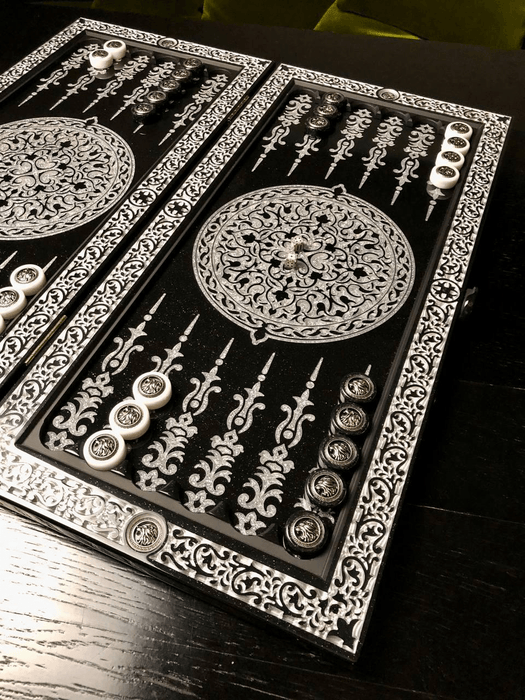 Luxury Black Acrylic Stone Backgammon "Silver Lion"60x30x5 cm