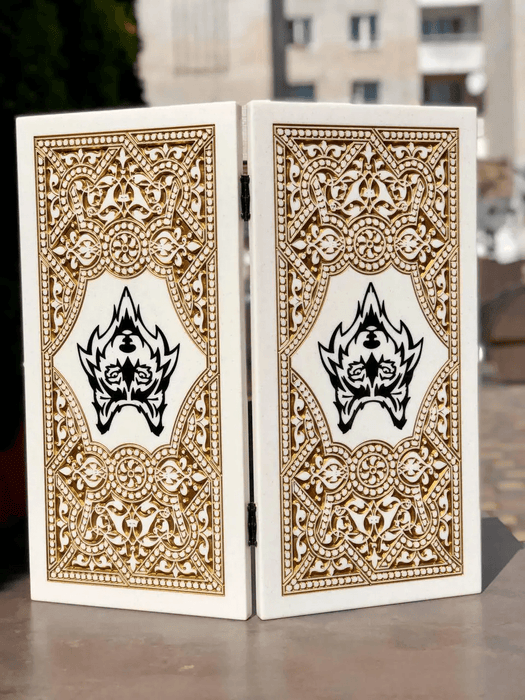 Luxury White Acrylic Stone Backgammon "Wolf" 60×30 cm, Marble Backgammon