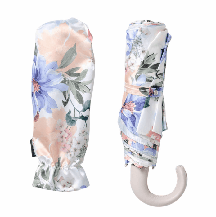 White Floral Leather Unique Folding Umbrella Women