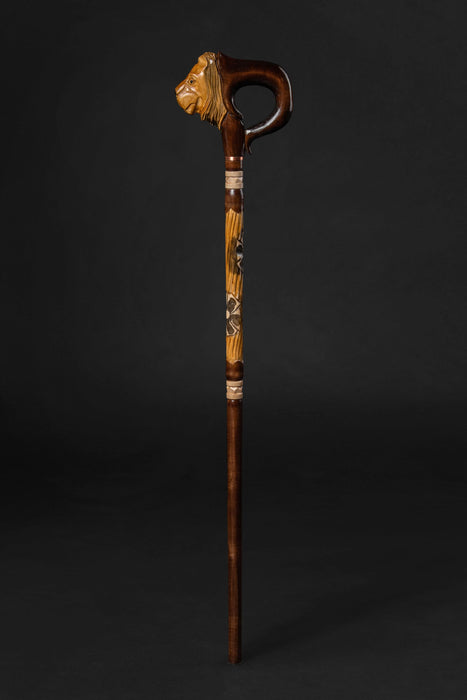 Antique Lion Head Walking Cane, Vintage Wooden Stick