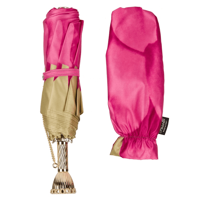 Pink Dahlia Golden Brass Chic Folding Umbrella