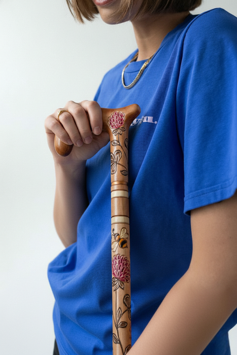 Beiger Gehstock für Damen Kamillenblüte, Holzstab