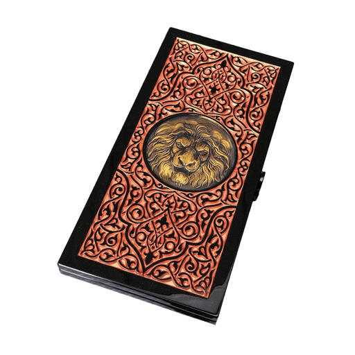 Black Acrylic Stone Backgammon, Carved "Carved Gold Lion" On Top