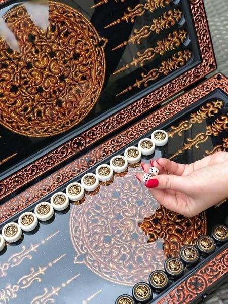 Black Acrylic Stone Backgammon, Carved "Carved Gold Lion" On Top