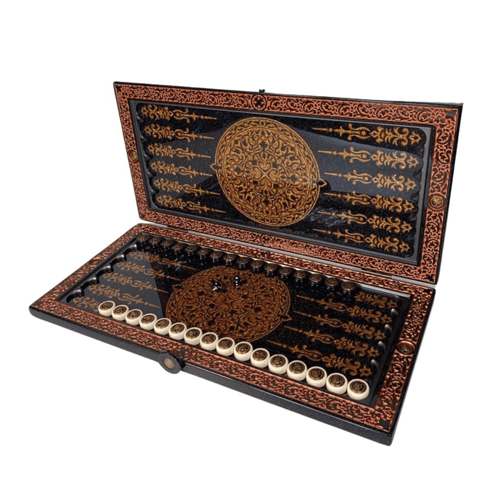 Black Acrylic Stone Backgammon, Carved "Carved Gold Lion" On Top