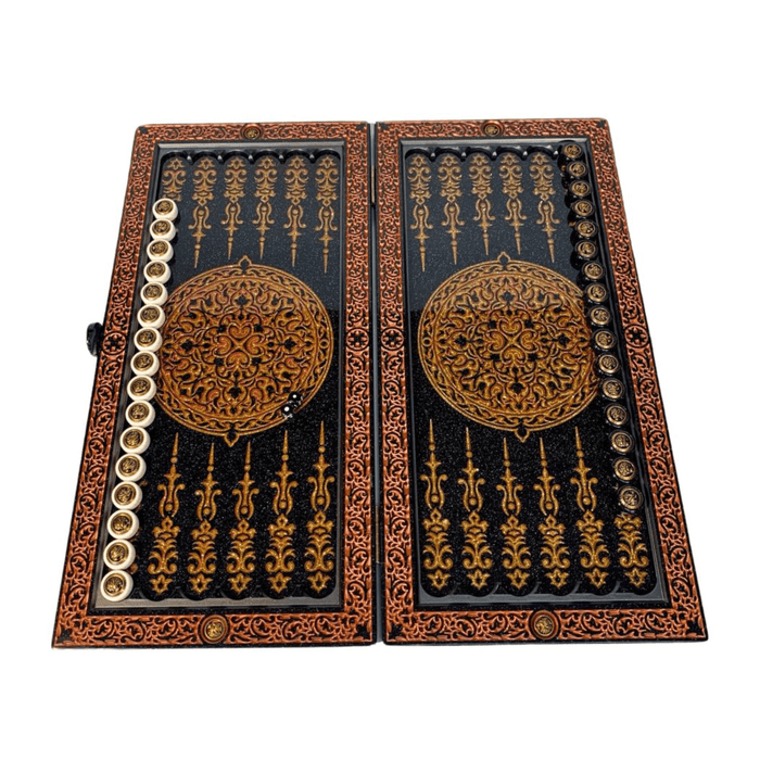 Black Acrylic Stone Backgammon, Carved "Carved Gold Lion" On Top