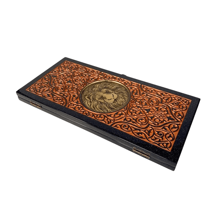 Black Acrylic Stone Backgammon, Carved "Carved Gold Lion" On Top