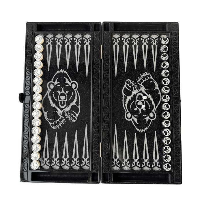 Black Acrylic Stone Backgammon "Silver Bear", Bakcgammon Set, Limited