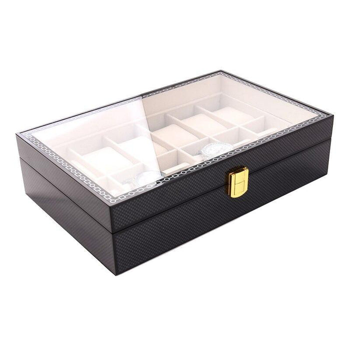 Unique Watch Box for Storage in Black Carbon with 12 Slots