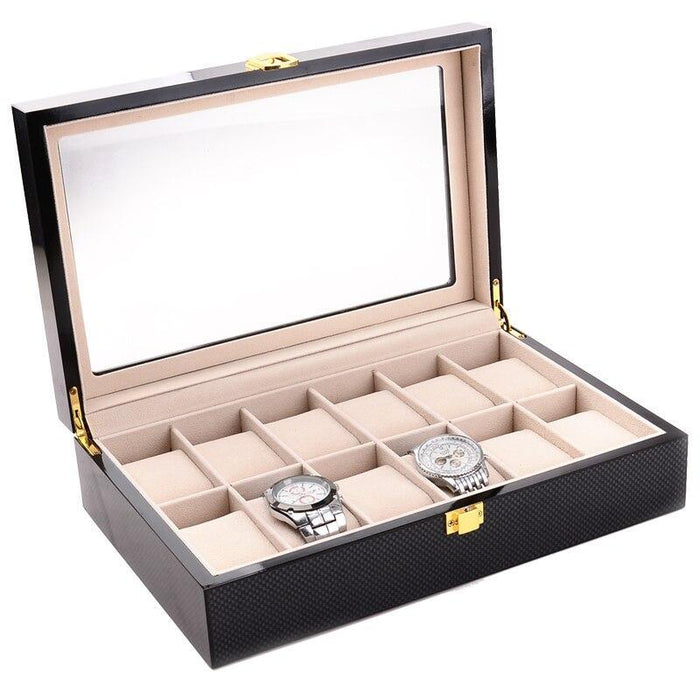 Unique Watch Box for Storage in Black Carbon with 12 Slots