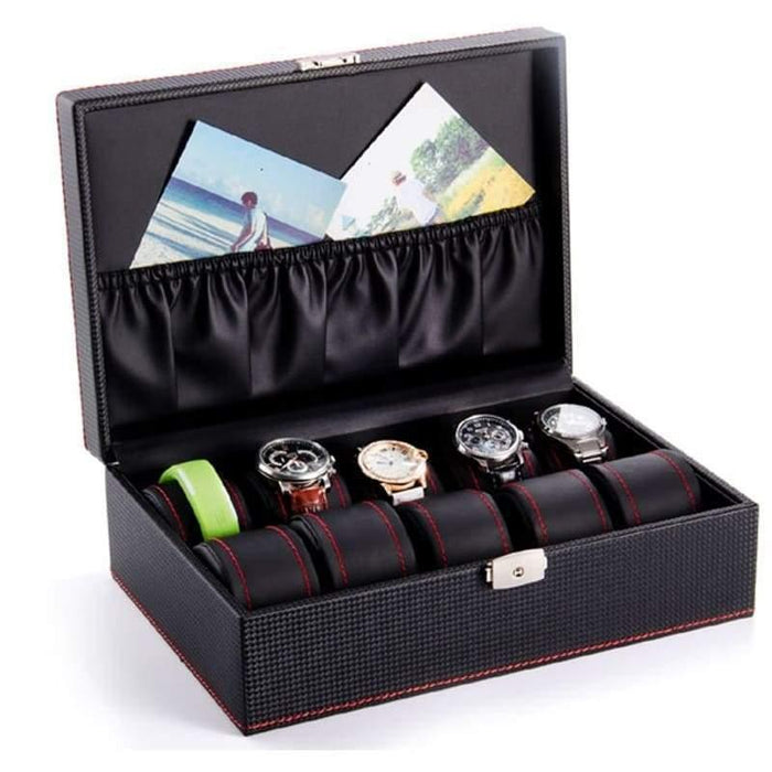 Black Carbon Watch Case with 10 Slots for Timepiece Storage