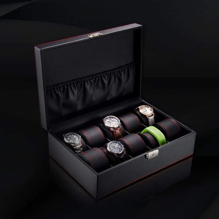 Black Carbon Watch Case with 10 Slots for Timepiece Storage