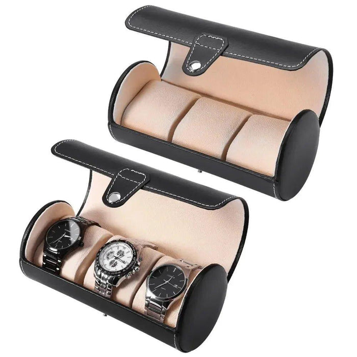Black Cylindrical 3-Slot Leather Watch Case