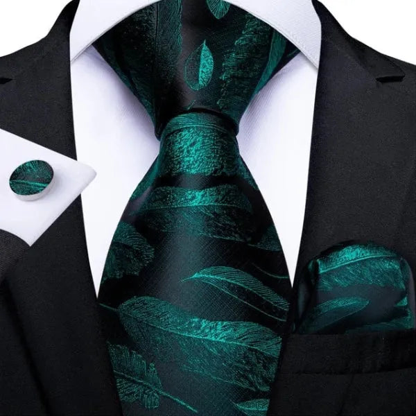 Black Green Feather Silk Tie for Classy Men