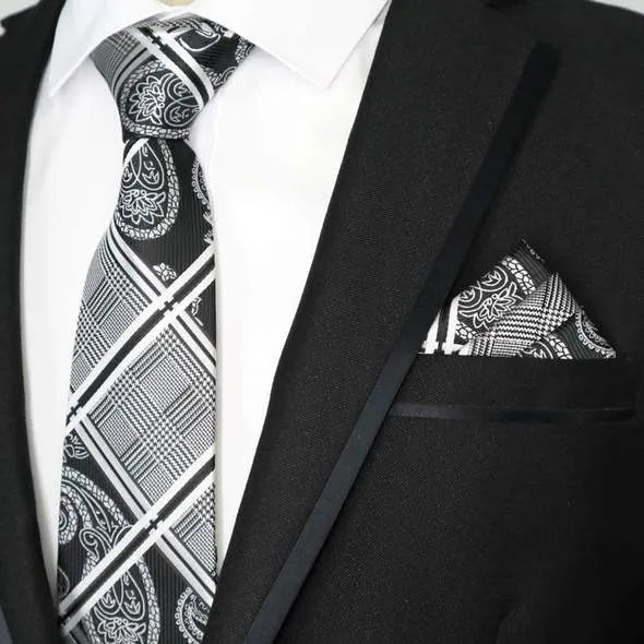 Elegant Silk Tie with Black and White Paisley Stripes and Tartan Pattern for Men