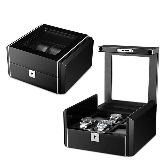 Black Wooden Watch Box with Secure Lock and 6 Slots
