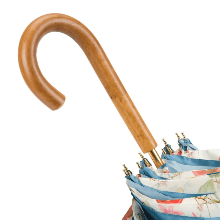 Blue Umbrella "Bouquet of Flowers" with Wooden Handle