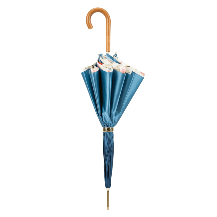 Blue Umbrella "Bouquet of Flowers" with Wooden Handle