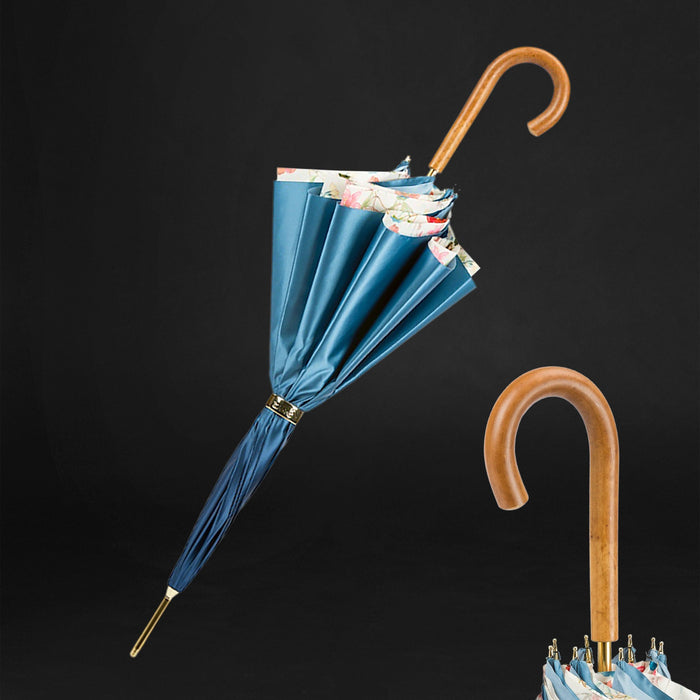 Blue Umbrella "Bouquet of Flowers" with Wooden Handle