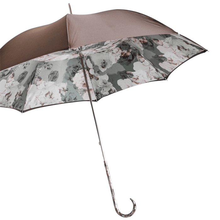 Brown Umbrella with Flowered Interior and Handle in Mother of Pearl