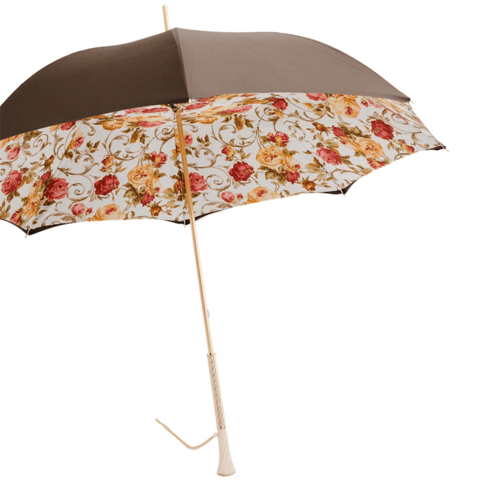 Brown Vintage Print Umbrella with Crystal Handle