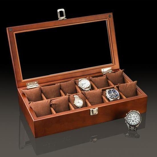 Brown Wooden Watch Box with 12 Slots for Timepieces
