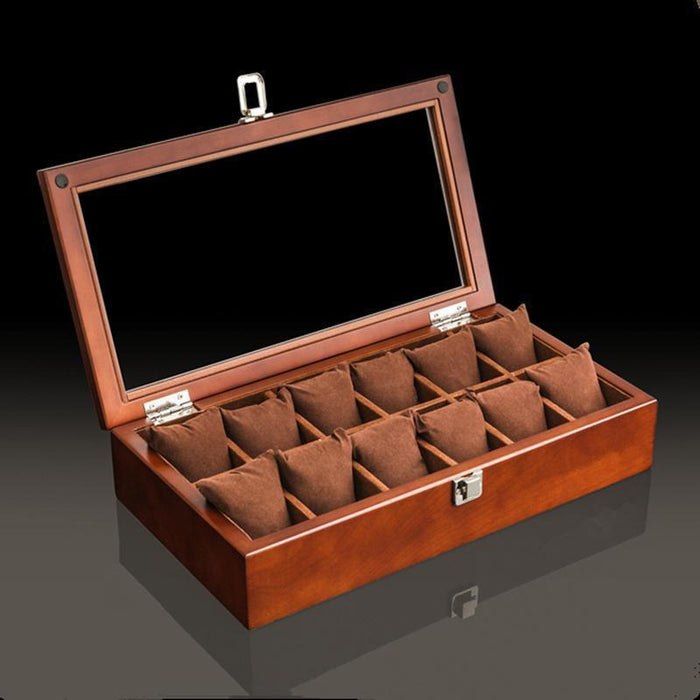 Brown Wooden Watch Box with 12 Slots for Timepieces