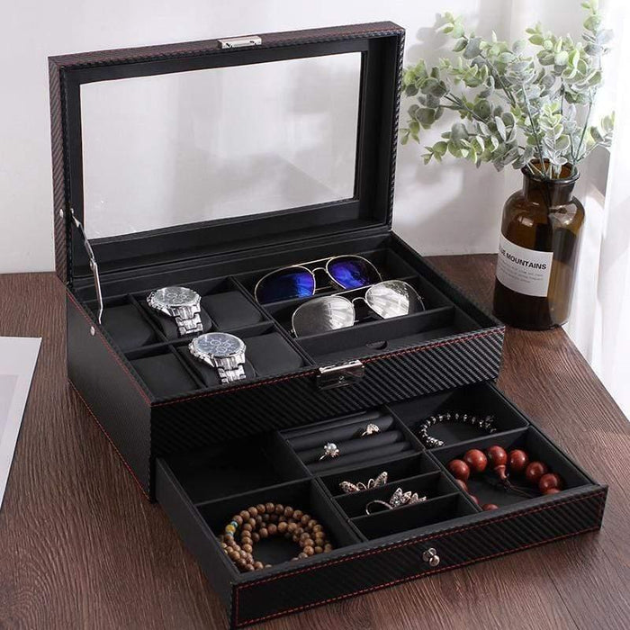 Unique Luxury Carbon Fiber Watch Case Box with 6 Slots
