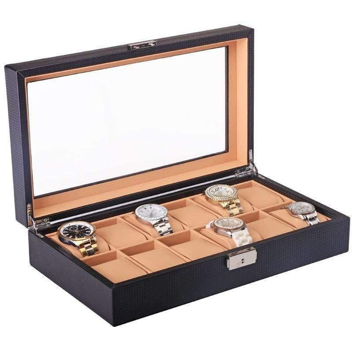 Stylish Storage Carbon Fiber Watch Box with 12 Slots