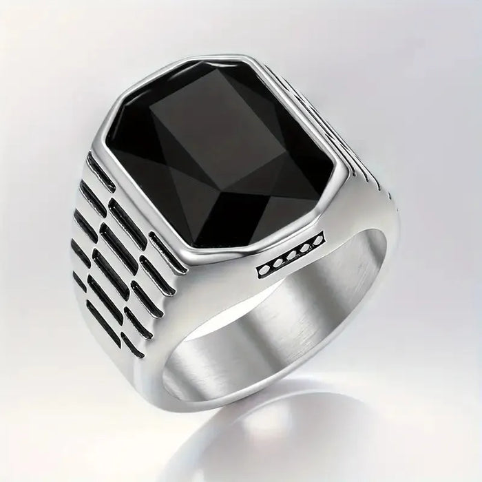 Stainless Steel Ring with Square-Cut Gemstones & Textured Band