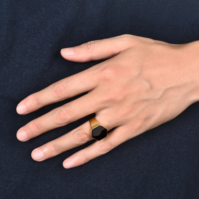 Hexagonal Agate Gold Ring Men's Accessory